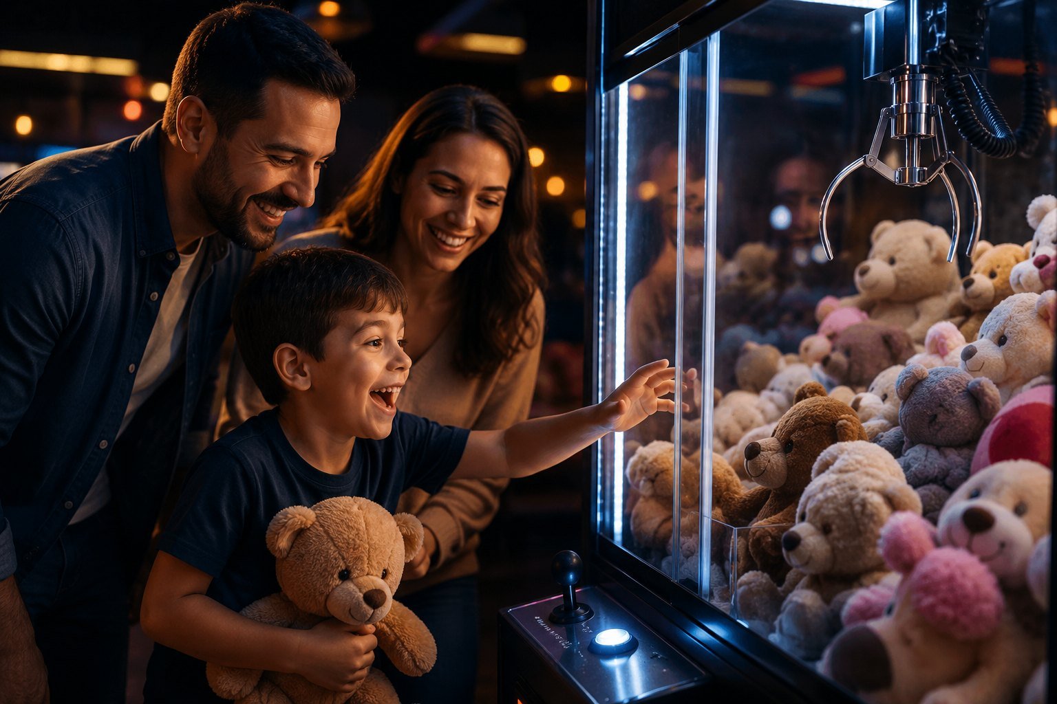 Família vivendo um momento de diversão em uma máquina de pelúcia
