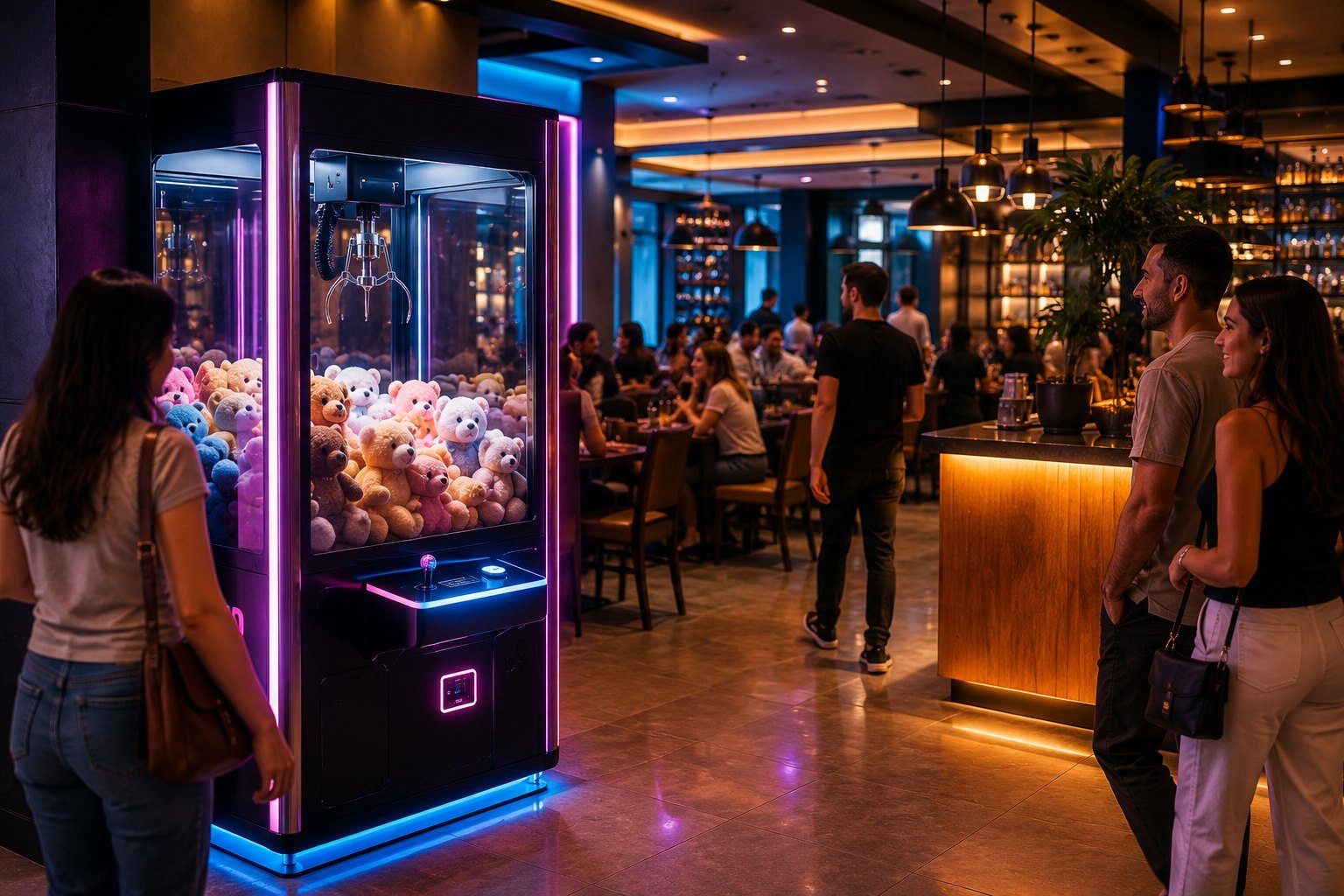 Máquina de pelúcia integrada a um ambiente comercial movimentado