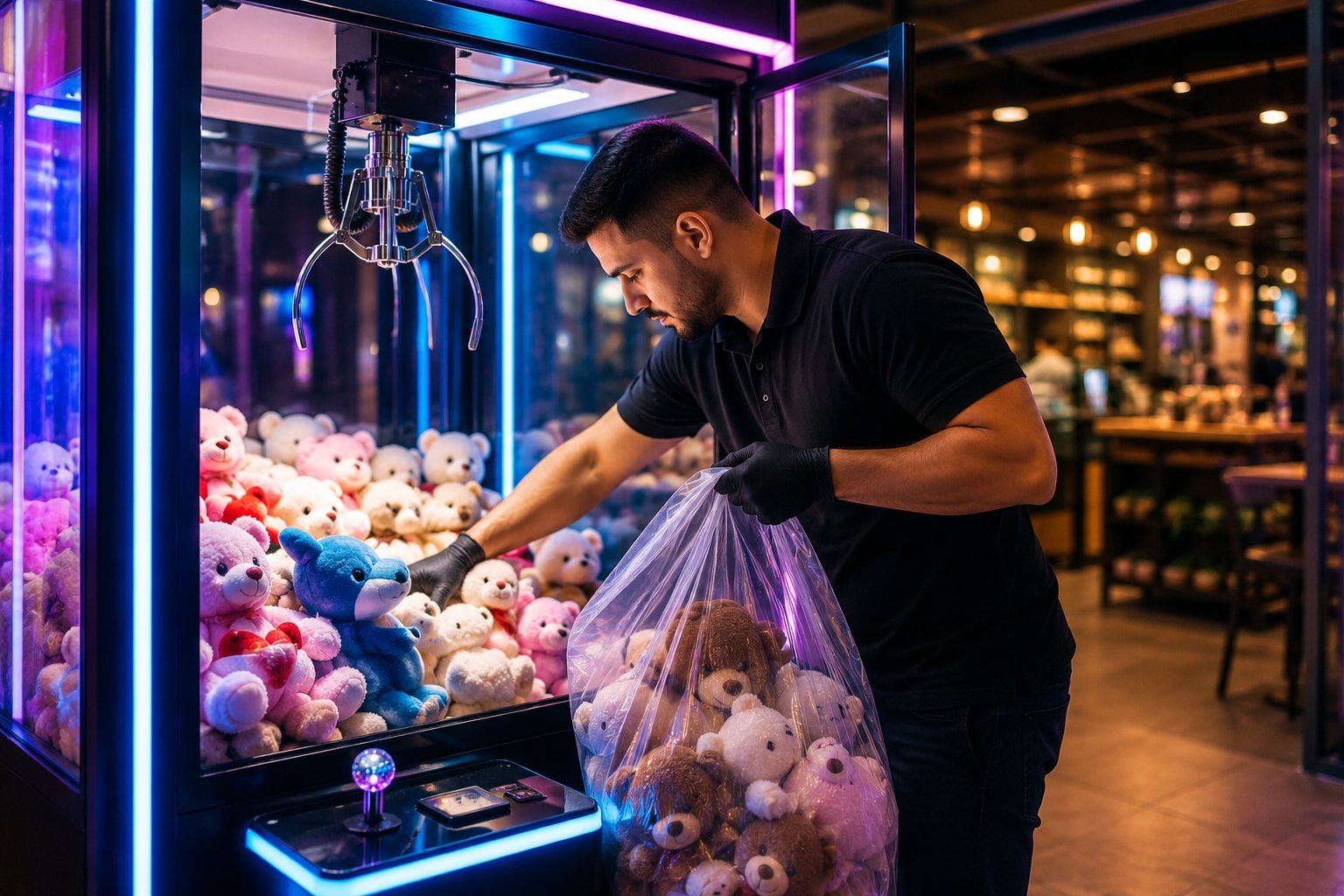 Reposição e organização de pelúcias em uma máquina